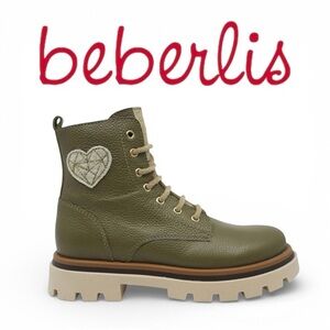 BEBERLIS Booties Kids Olive Heart Patch Leather Size 13/ EU 30 NWT